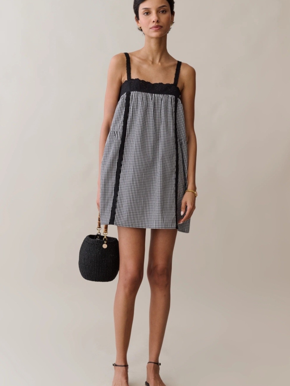 Gingham Lace-Trim Mini Dress in Black & White
